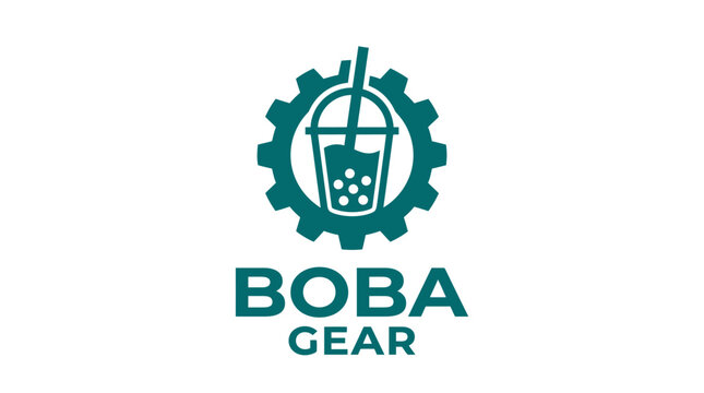 Boba tea cup inside a gear mechanical logo design.