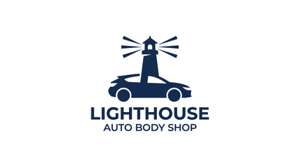 Fototapeta premium Lighthouse auto body shop logo with car and beacon.