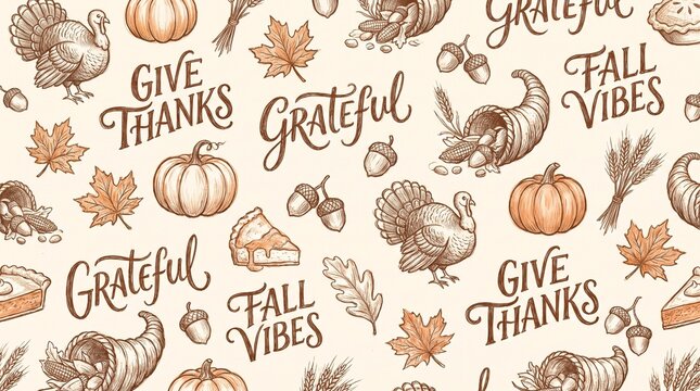 Vintage Thanksgiving Muster mit K&uuml;rbis und Truthahn, herbstliches Seamless Pattern mit Give Thanks Schriftzug, nostalgische Herbst Illustration f&uuml;r Geschenkpapier und Textilien