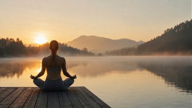 Woman practicing yoga at sunrise on wooden pier by lake. Meditation in morning mist for mindfulness and wellness.