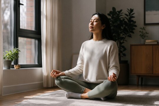 Asian woman meditating in lotus position on carpet at home. Mindful girl practicing yoga for mental health and stress relief. Calm female lifestyle at home, wellness and harmony.