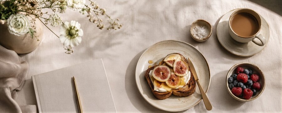 Toast with cream cheese and sliced fresh figs served on ceramic plate with coffee and berries. Aesthetic morning breakfast composition on linen tablecloth with notebook and flower.