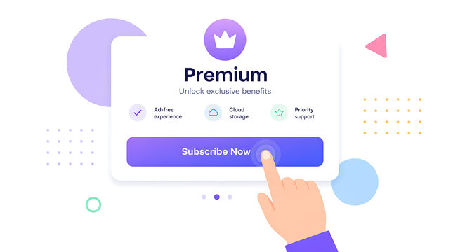 Hand pressing a purple subscribe button on a digital interface that offers premium membership benefits to users who want to unlock exclusive features and cloud storage options for their personal.