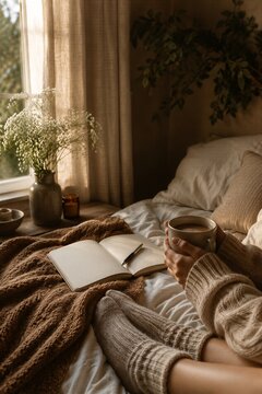 Woman relaxing in bed with hot drink and notebook. Cozy morning atmosphere with warm sunlight in rustic bedroom. Lifestyle concept of comfort, mindfulness, and slow living at home.