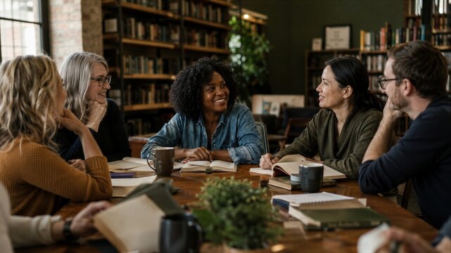 Diverse group of people in book club meeting sitting at wooden table. Multicultural man and woman study together in library.