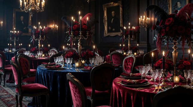 Luxurious gothic gala ballroom interior features round tables with dark velvet tablecloths, red roses. Tall vintage candelabras provide dim golden light. Elegant chairs surround setting. Ornate