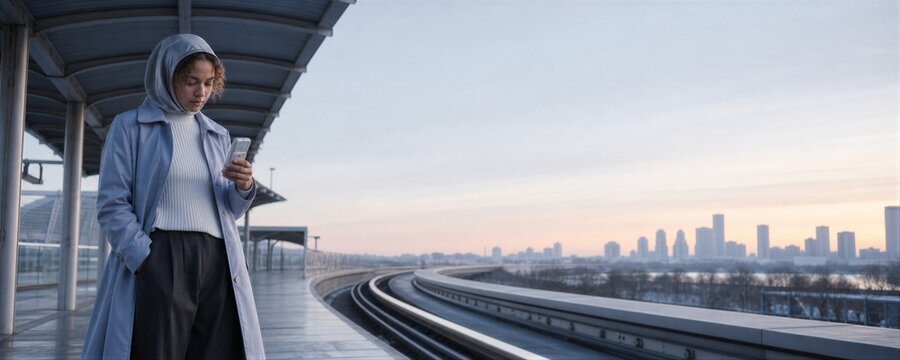 Woman in hijab using smartphone at monorail station during dawn. Commuter waiting for train with city skyline in background. Urban transportation, morning travel and mobile technol