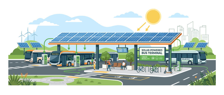 Solar Powered Bus Terminal: Electric Buses Charging, Renewable Energy, Green City Transport