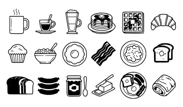 Breakfast food and coffee icons with pancakes eggs bacon pastries and bakery CAD vector collection