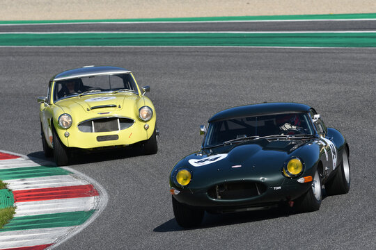 Scarperia, Italy - April 5th 2024: Jaguar E-Type 3.8 1962 drive by unknown in action during Mugello Classic 2024 at Mugello Circuit in Italy.