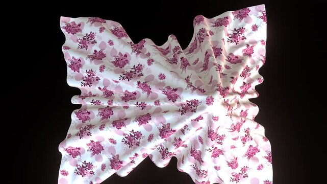 3D physical simulation of a realistic tablecloth moving like an invisible living creature, floating fabric with organic kinetic motion and fluid ripples, primarily for surreal art and cinematic vfx.