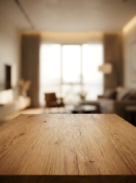Oak wood tabletop with blurred interior background