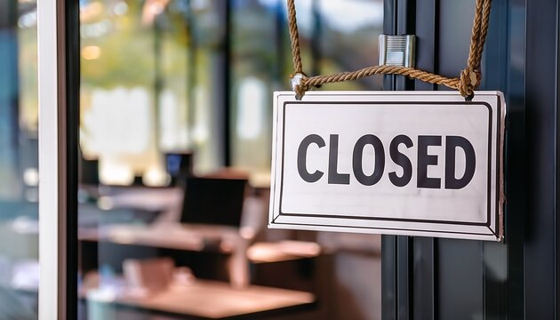 closed sign hangs on glass door of office during business hours signaling that the store is not open for customers blurred office space visible in background