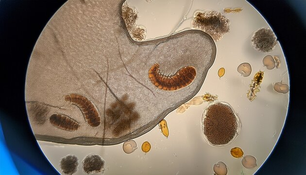 microscopic view of intestinal parasites in stool sample
