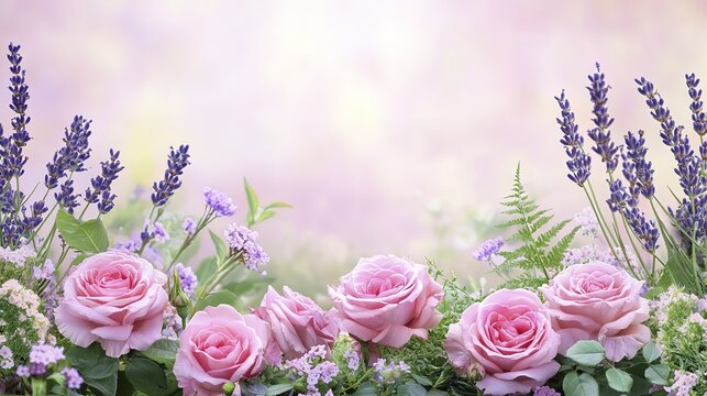 Pink roses and purple lavender arrangement on soft pastel background