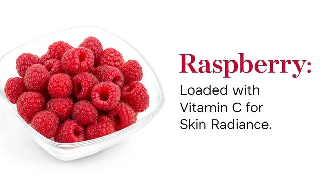 Fresh red raspberries in a clear glass square bowl on a white background with a text description of vitamin C and its benefits for skin radiance in a health and beauty context.