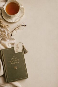 Book with flower bookmark next to tea cup and glasses on table. Cozy morning reading concept. Flat lay composition with vintage style accessories on beige background.