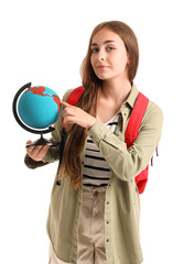 Fototapeta premium Female student with globe on white background