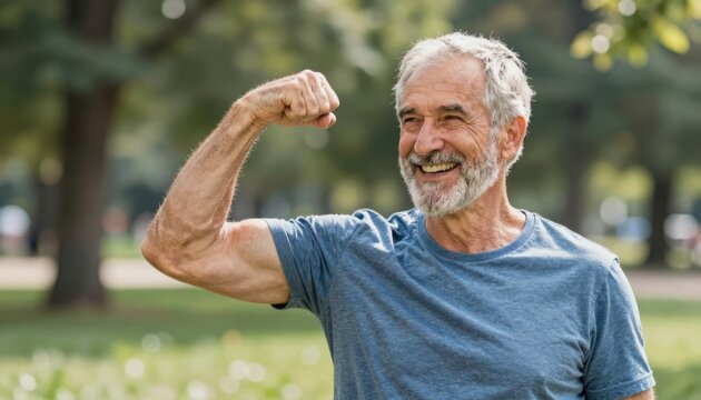 Senior man flexing arm muscle in park