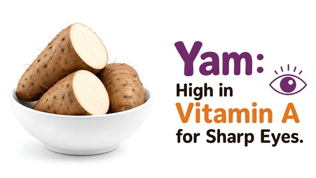 Whole and sliced yams placed in a white ceramic bowl against a clean white background featuring text about Vitamin A and eye health for dietary education and healthy eating habits.