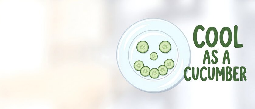 Digital illustration of fresh green cucumber slices arranged in a smiley face pattern on a clean white ceramic plate with text saying cool as a cucumber, light background
