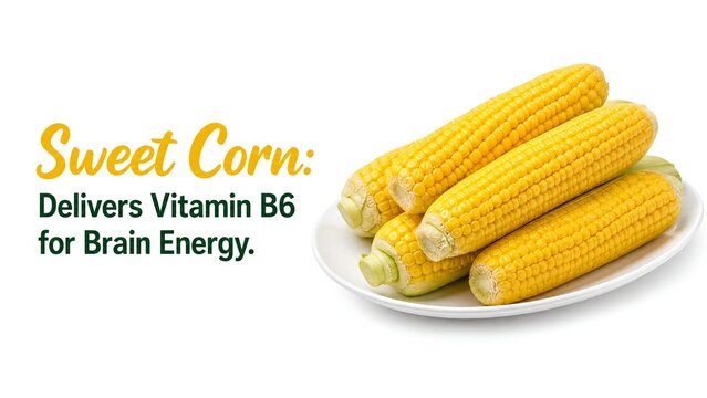 Several ears of yellow sweet corn on a white ceramic plate against a white background featuring nutritional text about Vitamin B6 and its benefits for brain energy.