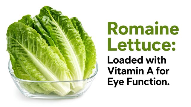 Fresh green romaine lettuce leaves in a clear glass bowl on a white background with descriptive text highlighting Vitamin A for eye function and overall nutritional wellness.