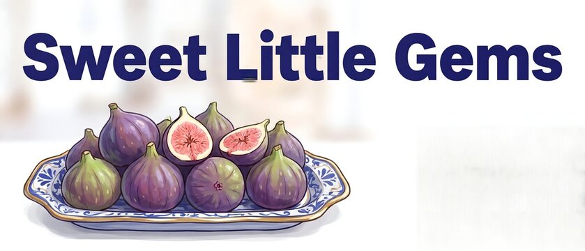 Detailed digital illustration of fresh purple figs displayed on a decorative blue and white patterned ceramic plate with text highlighting sweetness and natural nutritional value of the fruit