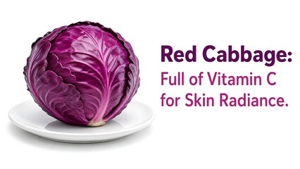 Fototapeta premium whole head of vibrant purple red cabbage resting on a simple white ceramic plate against a white background, accompanied by text describing vitamin C and its skin radiance benefits, ideal for beauty