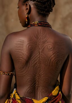 African woman showing tribal scarification body art