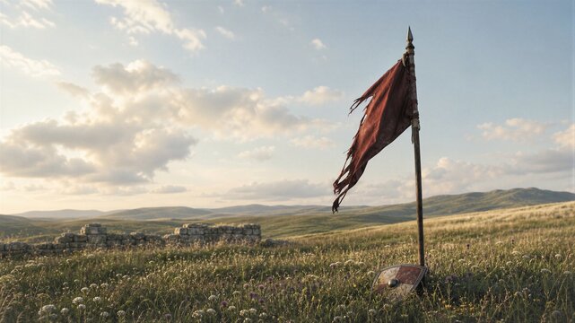 Tattered red flag and old wooden shield standing in meadow. Abandoned battlefield after conflict. Medieval war equipment on grass landscape. Historical fantasy adventure concept sc