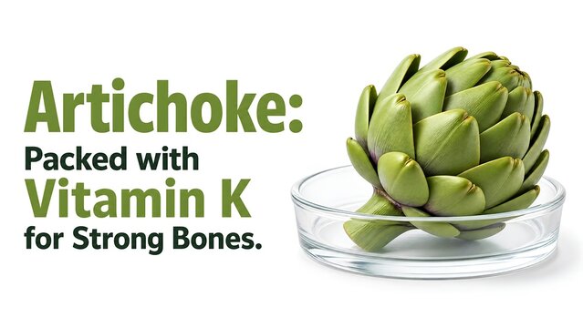 Whole raw green artichoke placed in a transparent glass bowl on a white background featuring informational text about vitamin K content and strong bone health for dietary and wellness education