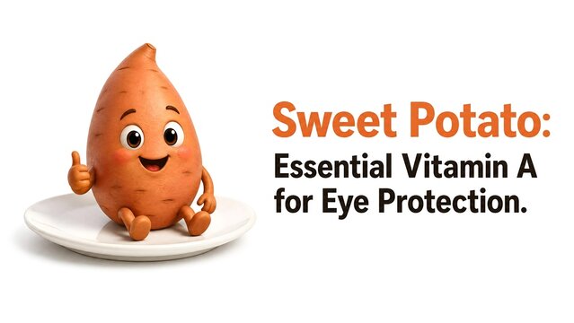 Friendly 3D anthropomorphic sweet potato character with a smiling face and thumbs up gesture on a white plate, with orange text about essential vitamin A for eye protection.
