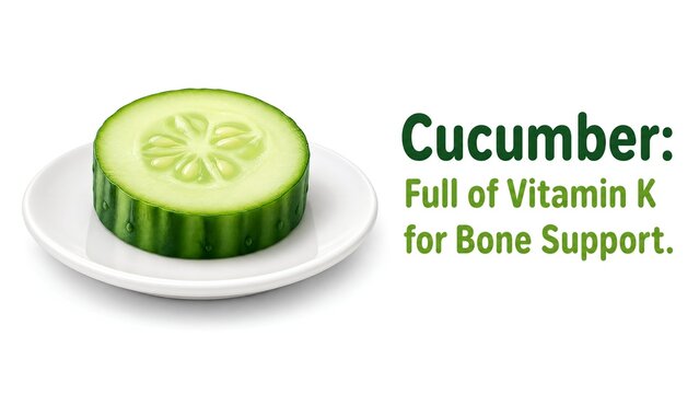 Close-up of a fresh cucumber slice on a white ceramic plate against a white background with descriptive text highlighting Vitamin K content and its role in bone support nutrition.