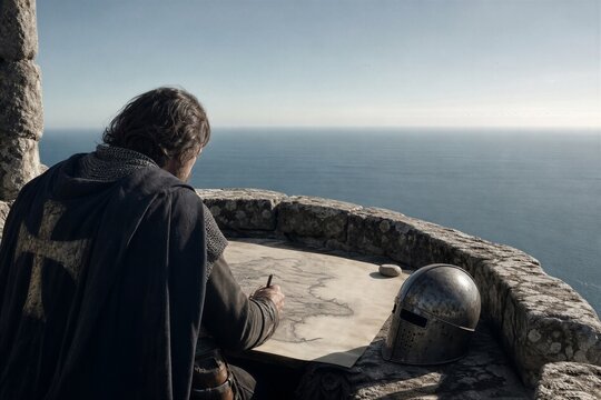 Knight drawing a map on a cliff edge. Medieval warrior working on a parchment strategy plan overlooking the ocean. Ancient fantasy explorer charting territory for historical advent