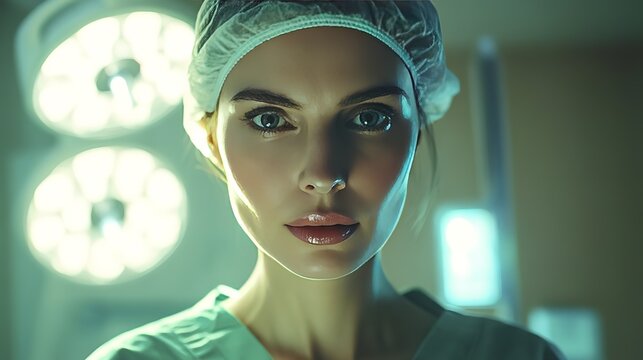 Female surgeon in operating room under surgical lights in hospital setting