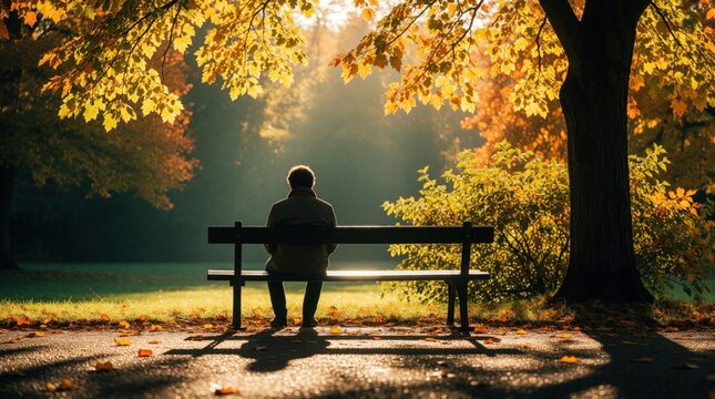 Man sits alone on park bench in autumn. Golden leaves fall from trees. Person reflects peacefully outdoors in nature. Sunlight creates warm atmosphere, quiet mood.