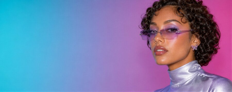 Stylish young woman with curly hair wearing purple sunglasses and metallic top against gradient neon background. Beauty portrait of a fashion model with vibrant makeup and accessor