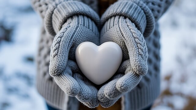 Hands holding white heart symbol with winter sweater representing love and care