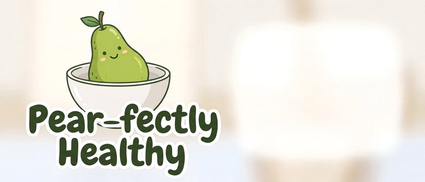 Cute illustrated green pear character with a smiling face sitting inside a white bowl featuring a pun about being perfectly healthy against a bright blurred background for fruit nutrition