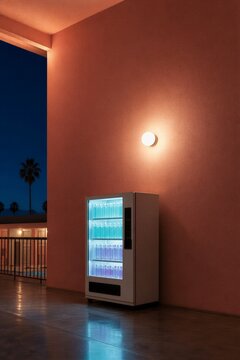 Vending machine with glowing bottles of water outside at night. Automated retail kiosk for beverage sales in a motel corridor. Modern convenience and refreshment station at dusk.