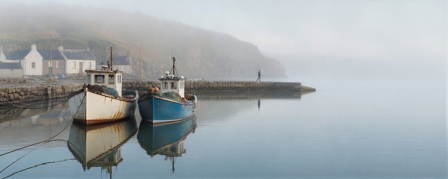 Fishing boat anchored in a calm harbor with a man walking on a stone pier in heavy morning fog. Scenic maritime landscape with cottages in a quiet coastal village. Peaceful nature