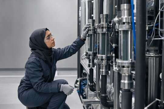 Muslim woman technician checking industrial water treatment system in factory. Expert wearing protective gear monitoring modern filtration pipes. Engineering, maintenance and techn