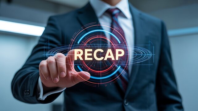 Businessman pressing recap button with digital interface for business review concept