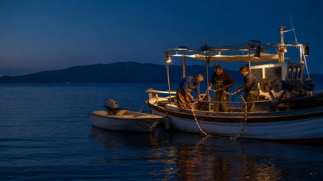 Fishermen working on boat at blue hour. Men pulling fishing net from ocean water during night time. Traditional commercial fishing activity in harbor. Mediterranean maritime indust