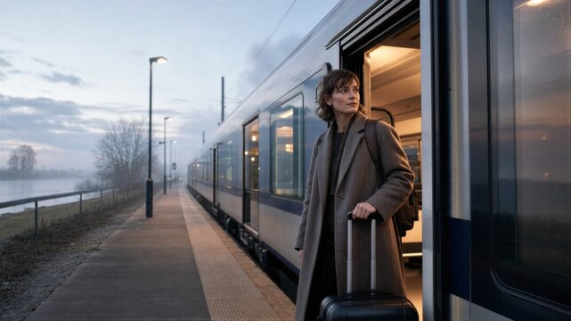 Woman in coat standing at train door with suitcase on platform. Traveler arriving at station during sunset. Commuter trip and transportation journey, urban tourism and travel conce