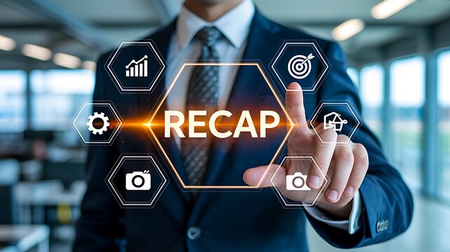Business recap concept with businessman touching virtual interface and digital icons