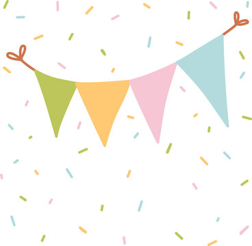 Colorful party bunting flags decoration with confetti for celebration events