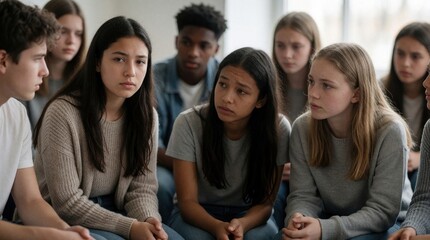 Fototapeta premium Diverse group of teenagers sits in circle for serious discussion during school support group meeting. Serious young people share personal problems, feelings listening with empathy. Concerned students