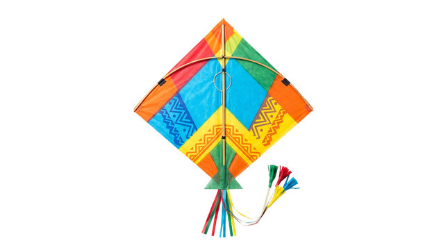 Traditional colorful paper kite with bamboo frame, vibrant diamond shaped flying toy for Makar Sankranti festival, handcrafted Indian patang isolated PNG with Transparent Background